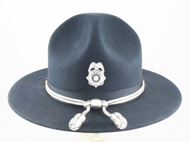Wisconsin State Patrol navy blue winter campaign hat with silver cords and acorns